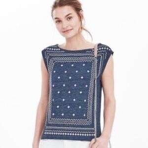 Banana Republic Women’s Crew Neck Knit Tank Top Embroidered Blue White Bandana